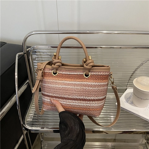 Women Summer Straw Woven Bucket Bag Striped Handbag Leather Knotted Handle Adjustable Crossbody Shoulder Bag Beach Vacation Tote