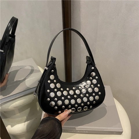 Women Rivet Studded PU Leather Underarm Bag Fashion Half Moon Shoulder Bag Punk Style Casual Tote Purse For Travel Daily