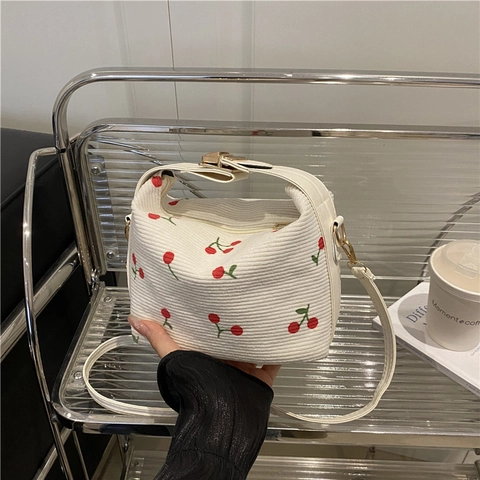 Sweet Cherry Embroidery Corduroy Handbag For Women Vintage Shoulder Crossbody Bag With Adjustable Strap Mini Tote Bag