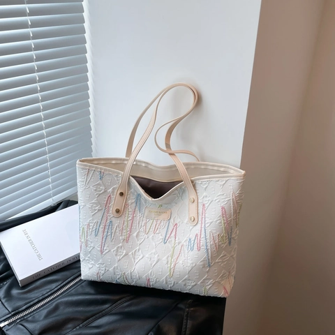 Women Embroidered Tote Bag Large Capacity PU Canvas Shoulder Bag With Colorful Wave Stitching Cloud Pendant Casual Office Daily Commuting Handbag