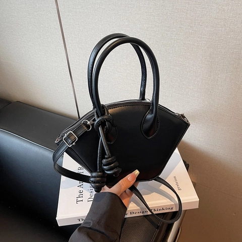 Fashion PU Leather Shell Shape Handbag For Women Vintage Knot Decor Shoulder Crossbody Bag Trendy Solid Color Purse