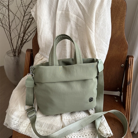 Women Japanese Minimalist Wrinkled Nylon Shoulder Bag Casual Small Tote Crossbody Bag With Adjustable Strap Metal M Logo