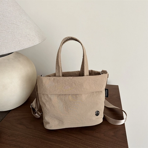 Women Japanese Minimalist Wrinkled Nylon Shoulder Bag Casual Small Tote Crossbody Bag With Adjustable Strap Metal M Logo