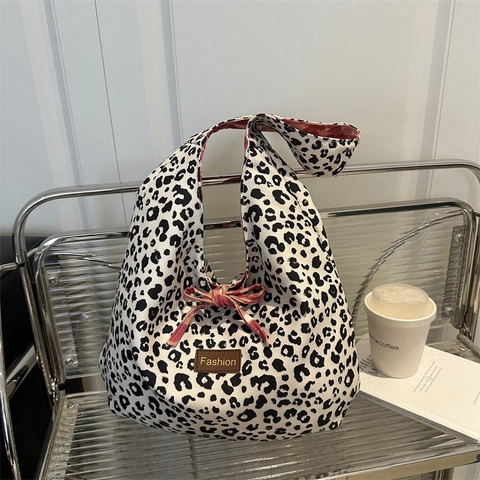 Damen Vintage Leopardenmuster Canvas Tragetasche Wendbare Umhängetasche Mit Schleifendekoration Mode Lederetikett Große Tasche