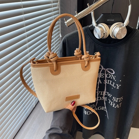 Damen Mode Leinwand Weben Eimertasche Große Kapazität Kontrast PU Patchwork Schulter Umhängetasche Für Sommer Alltag