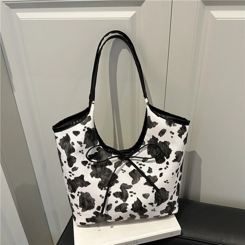Bolso Tote Vintage con Estampado de Vaca para Mujer Gran Capacidad de Cuero PU Bolso de Hombro Con Lazo Bolso Casual Dulce para Uso Diario