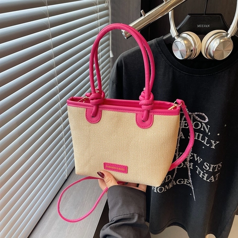 Damen Mode Leinwand Weben Eimertasche Große Kapazität Kontrast PU Patchwork Schulter Umhängetasche Für Sommer Alltag