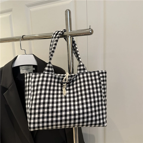 Borsa Tote in Tela a Quadri Stile Coreano per Donna Grande Capacità Borsa a Tracolla Gingham Con Bottone in Corno Quotidiana