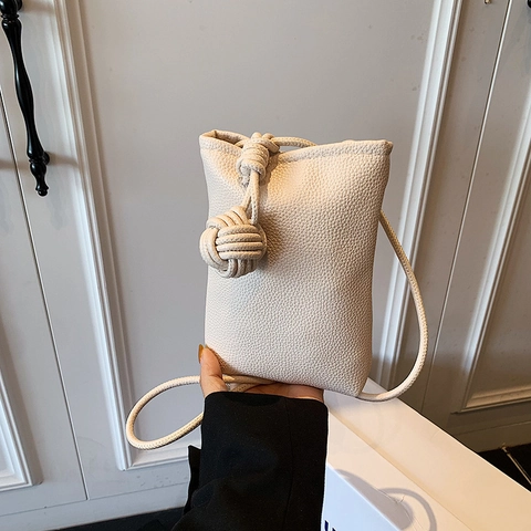 Women Fashion Litchi Pattern PU Leather Mini Mobile Phone Crossbody Bag Knotted Shoulder Strap Minimalist Small Square Bag Candy Color Phone Pouch