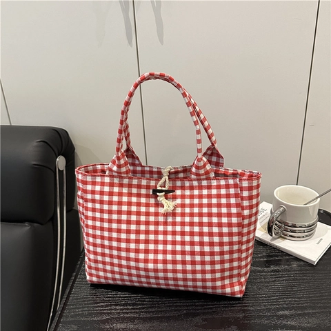 Women Gingham Plaid Canvas Tote Bag Large Capacity Vintage Casual Shoulder Handbag With Horn Button For Daily Commute
