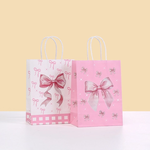 Pink Bow Print Paper Gift Bags With Handles White Cardboard Girly Style For Birthday Party Wedding Favor Wrapping