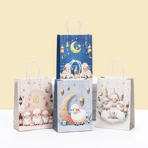 Eid Al-Adha Geschenk Papiertüten Cartoon Schaf Mond Laterne Muster Tragbare Kraftpapiertüte Für Eid Al-Fitr Süßigkeiten Snack Verpackung Partybedarf