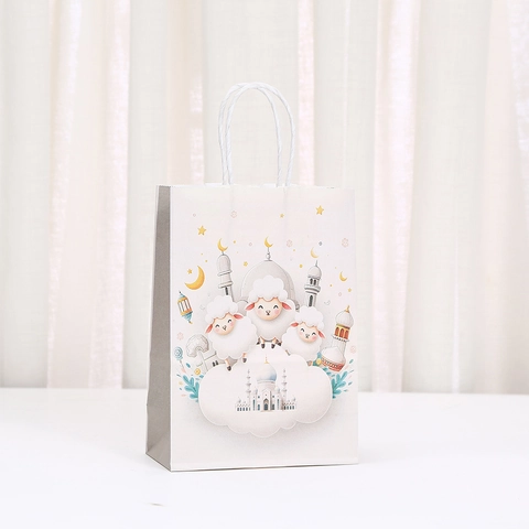 Eid Al-Adha Geschenk Papiertüten Cartoon Schaf Mond Laterne Muster Tragbare Kraftpapiertüte Für Eid Al-Fitr Süßigkeiten Snack Verpackung Partybedarf