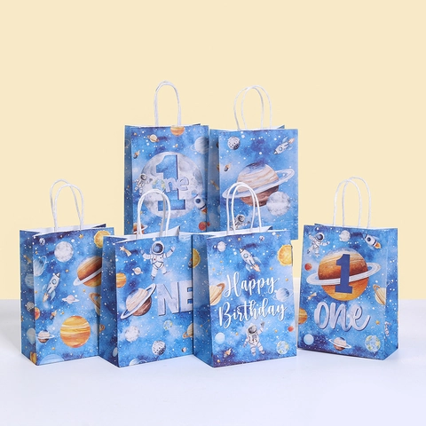 Space Galaxy Astronaut Rocket Planet Kraft Paper Gift Bag Handbag For Kids Birthday Party Favors Candy Treat Bag