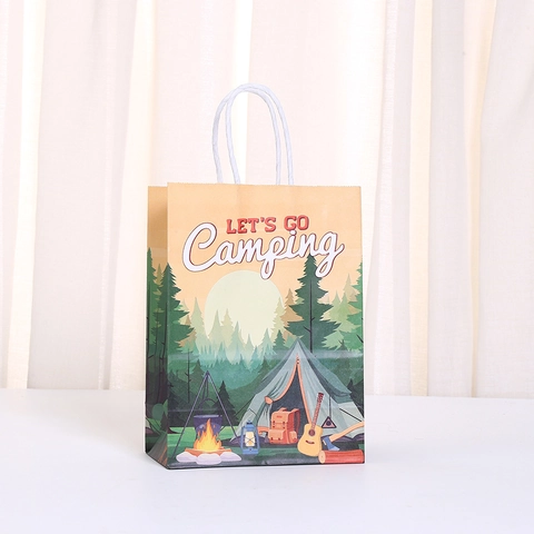 Camping Theme Kraft Paper Gift Bags With Twisted Rope Handles Outdoor Adventure Hiking Illustration Design Party Favor Bags