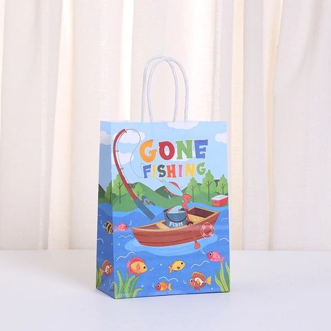 Sacs Cadeaux en Papier Kraft Thème Pêche Avec Poignées Motif Cartoon Gone Fishing pour Fête d'Anniversaire Sacs à Friandises