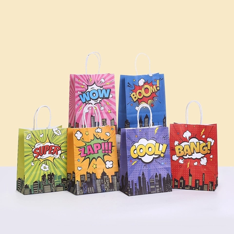 Superhero Comic Pop Art Kraft Paper Gift Bags With Handles For Birthday Party Favors Candy Treat Bags City Silhouette Pattern