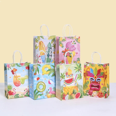 Tropical Summer Paper Gift Bags With Handles Flamingo Surfboard Tiki Mask Pattern Party Favor Bags For Beach Holiday Gifts