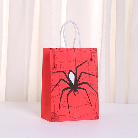 Halloween Spider Web Kraft Paper Gift Bag For Party Favors Candy Snack Red Black Shopping Bag With Handle