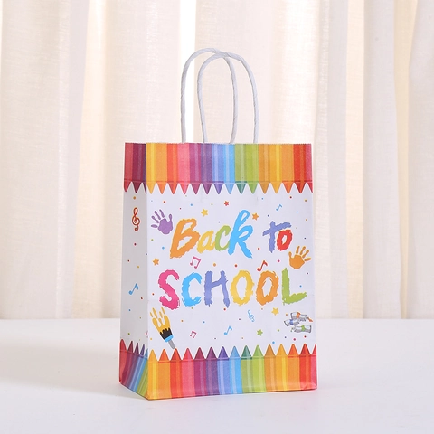 Sacs Cadeaux en Papier Kraft Thème Rentrée Scolaire Avec Poignées Impression de Bus Scolaire de Dessin Animé Sacs à Friandises pour Enfants Fête de Remise des Diplômes