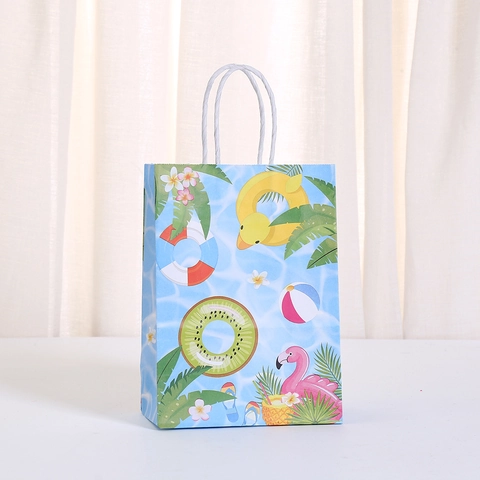 Tropical Summer Paper Gift Bags With Handles Flamingo Surfboard Tiki Mask Pattern Party Favor Bags For Beach Holiday Gifts
