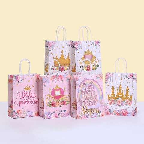 Rosa Traumschloss Geschenkpapierbeutel Für Geburtstagsfeier Kleine Prinzessin Krone Kürbiskutsche Handtasche Verpackungsbeutel