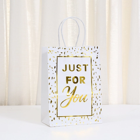 Sac Cadeau Élégant en Papier Kraft Marquage à Chaud Just For You Poignée Sac de Shopping Portable pour Anniversaire Fête Mariage Emballage Cadeau