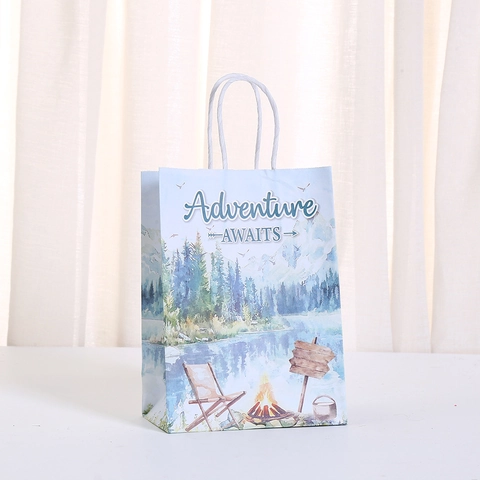 Forest Adventure Theme Paper Gift Bag Kraft Paper Handbag With Mountain Forest Watercolor Illustration Party Favor Bag