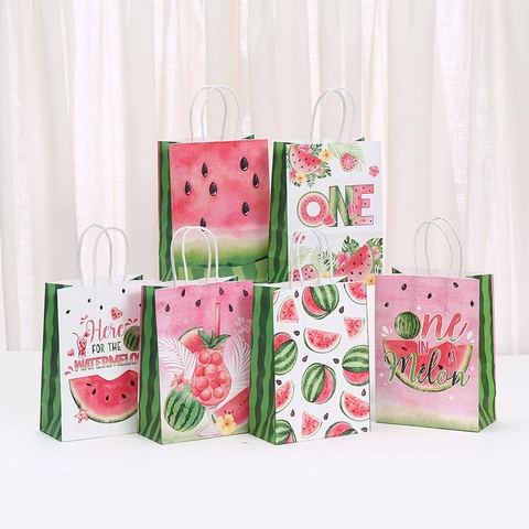 Watermelon Theme Party Gift Bags Kraft Paper Handled Bags Summer Birthday Tropical Fruit Design Candy Favor Bags
