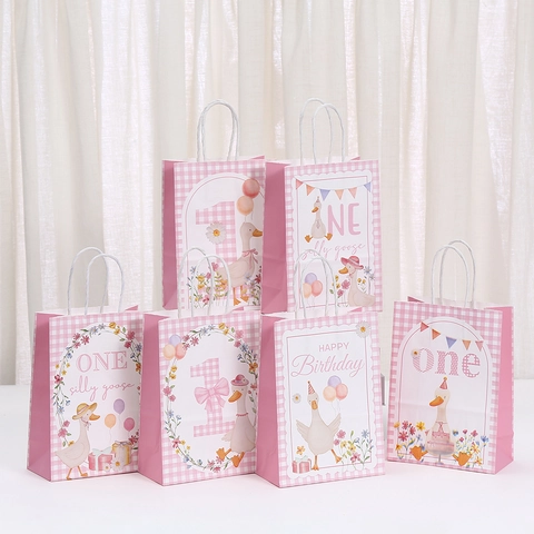 Sacchetti Regalo in Carta a Quadretti Rosa con Manici Anatra Oca Cartone Animato Stampato Sacchetti Kraft per Festa di Compleanno