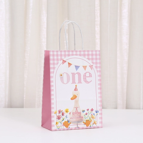 Sacchetti Regalo in Carta a Quadretti Rosa con Manici Anatra Oca Cartone Animato Stampato Sacchetti Kraft per Festa di Compleanno