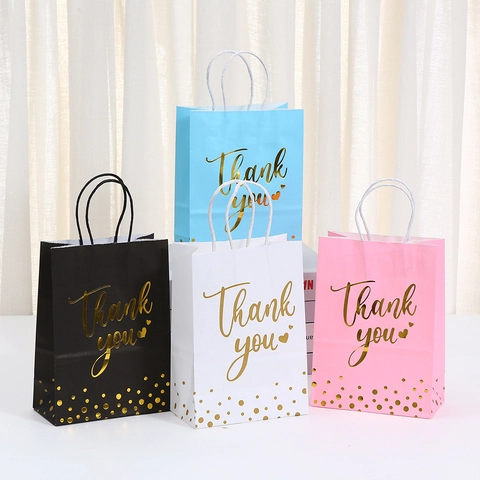 Thank You Kraft Paper Gift Bag With Handle Gold Foil Polka Dot Heart Pattern For Party Wedding Birthday Favor Shopping Bag