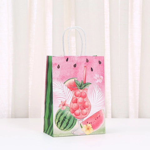 Watermelon Theme Party Gift Bags Kraft Paper Handled Bags Summer Birthday Tropical Fruit Design Candy Favor Bags