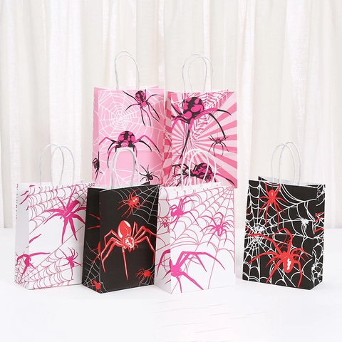 Halloween Spider Pattern Paper Gift Bag Spooky Spider Web Tote Bag With Handle For Party Candy Packaging Favors Holiday Gift Bag