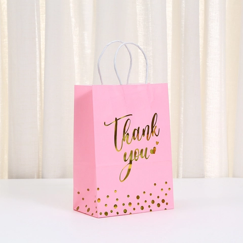 Thank You Kraft Paper Gift Bag With Handle Gold Foil Polka Dot Heart Pattern For Party Wedding Birthday Favor Shopping Bag