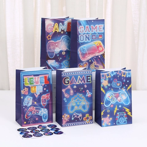 Neon Gaming Thema Kraftpapier Geschenktüten Videospiel Controller Druck Party Taschen Für Geburtstag Gamer Kinder Party Zubehör