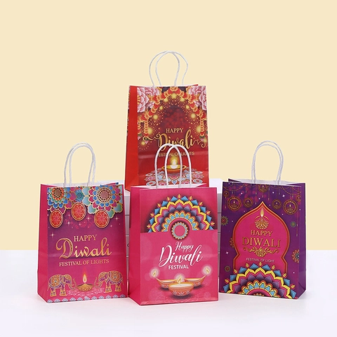 Diwali Festival Of Lights Paper Gift Bags With Handles Mandala Elephant Diyas Pattern Ethnic Indian Holiday Party Packaging Bags