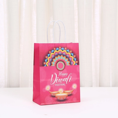 Diwali Festival Of Lights Paper Gift Bags With Handles Mandala Elephant Diyas Pattern Ethnic Indian Holiday Party Packaging Bags