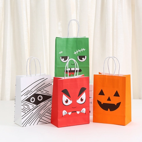 Halloween Kraft Paper Gift Bags With Handles Cartoon Pumpkin Mummy Monster Print Party Favor Candy Storage Tote Bags