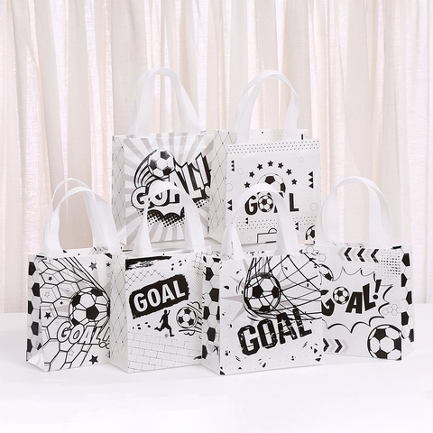 Soccer Theme Non-Woven Gift Bags Soccer Goal Pattern Tote Bags For Kids Birthday Party Sport Event Handheld Favor Bags White Black