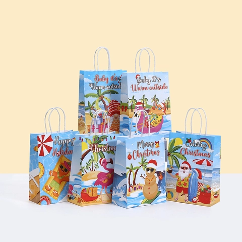 Tropical Summer Christmas Kraft Paper Gift Bag With Handle Cartoon Santa Flamingo Pattern Holiday Party Favor Packaging Bag