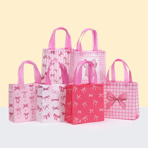 Bolsa De Regalo Rosa Dulce De Tela No Tejida Con Lazo Corazón Estampado Cuadros Rayas Bolsa De Compras Portátil Para Fiesta Mujer
