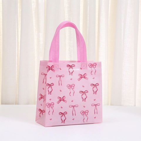 Pink Bow Print Non-Woven Gift Bag Cute Portable Handbag Waterproof Packaging Bag For Birthday Wedding Party Shopping