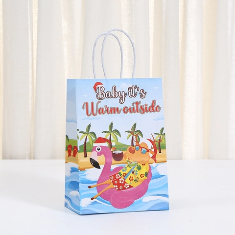 Tropical Christmas Kraft Paper Gift Bag Santa Flamingo Snowman Beach Party Favor Packaging Bag With Handle Merry Christmas Wrap Bag