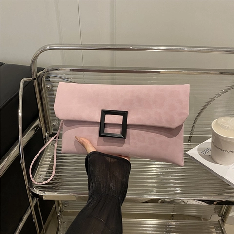 Women Leopard Print Clutch Bag Matte PU Leather Envelope Wristlet Handbag With Large Black Square Buckle Fashion Party Bag