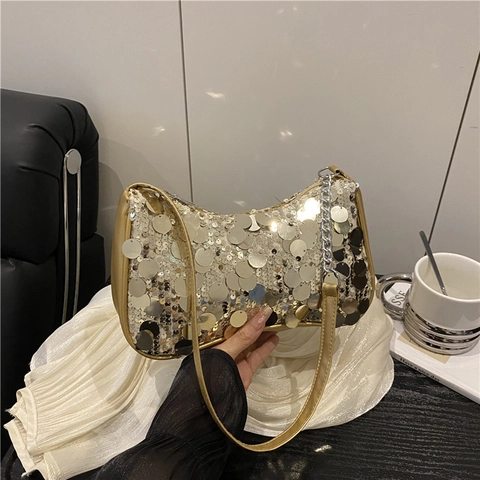 Women's Fashion Sequin Shoulder Bag Metallic Underarm Bag With Metal Chain For Party Y2K Style Small Square Purse