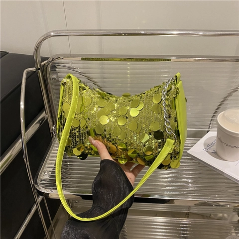 Women's Fashion Sequin Shoulder Bag Metallic Underarm Bag With Metal Chain For Party Y2K Style Small Square Purse