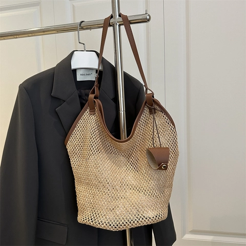 Damen Minimalistische Stroh Gewebte Tote Tasche Große Kapazität Urlaub Strand Schultertasche Mit Mini-Beutel PU-Lederbesatz