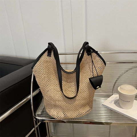 Mode Damen Große Kapazität Stroh Gewebte Tragetasche Mit PU Lederband Lässige Hohle Sommer Strand Schultertasche Reise Urlaub Handtasche
