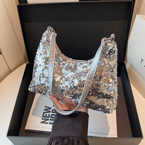 Women Sequin Shoulder Bag Sparkling Evening Clutch Bag Hobo Underarm Bag Trendy Party Purse Small Square Bag For Wedding